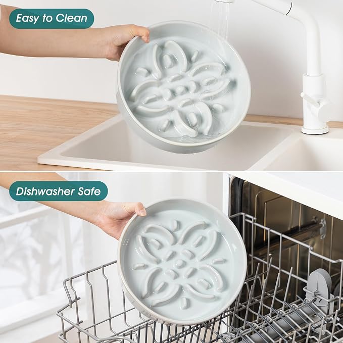 vancasso Ceramic Slow Feeder Dog Bowls, Puzzle Dog Food Bowls with Floral Maze, Anti -Slip Pet Food Dish for Large Breed, 3 Cups, Grayish Cyan - Image 6