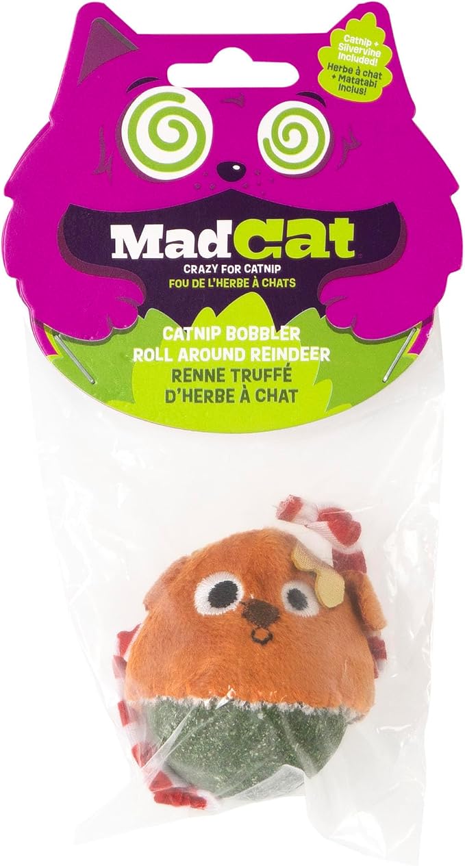 Mad Cat Roll Around Reindeer Catnip Bobbler Soft Plush Cat Toy, Pack of 1 | Holiday themed design with weighted wobble action, sparks batting, swatting and playful energy in felines every single day by Unknown