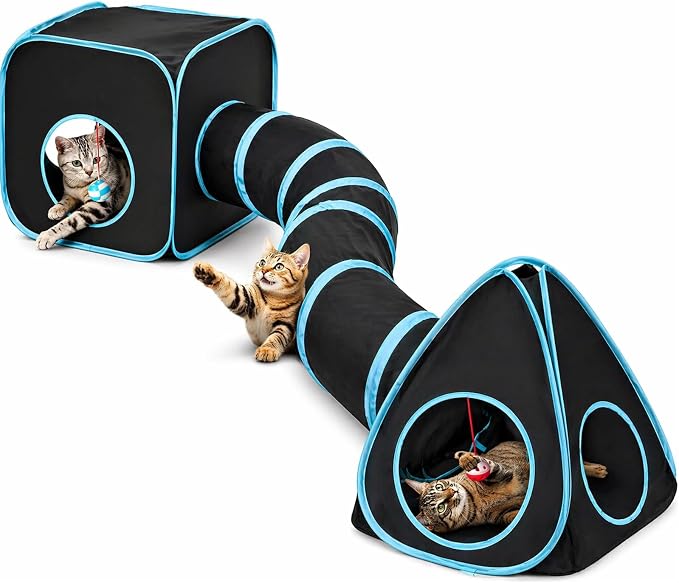 Rypet Cat Toy Tunnel and Cubes Bundle, Play Tubes for Indoor Cats, Black | 3-in-1 Tunnel Cubes Tent, Crinkle Tube for Play, DIY Shapes, Ball and Bell for Play, Tear-Resistant Polyester, Folds Flat by RYPET