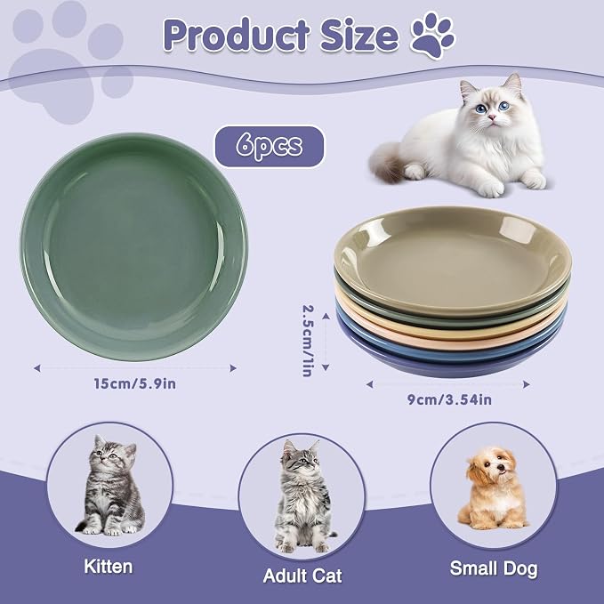 6 Pack Cat Food Bowl, Ceramic Cat Bowls, Anti Whisker Fatigue Cats Bowl Set | 5.5 Inches Shallow Wide Kitten Plates for Food and Water (CaiSe-B) - Image 2