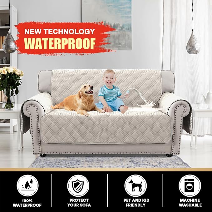 PrinceDeco 100% Waterproof Loveseat Covers for 2 Cushion Couch Sofa Covers Waterproof and Washable Sofa Slipcover with Side Pocket Furniture Protector with Elastic Straps(Loveseat 48", French Oak) - Image 2