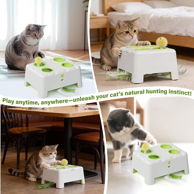 Cat Interactive Automatic Toys, Magic House Whack-a-Mole Toy | Rechargeable Stimulating Feather Kitten Toys, 3 Play Modes, 4 Holes Design, 4 Replacement Accessories - Image 7