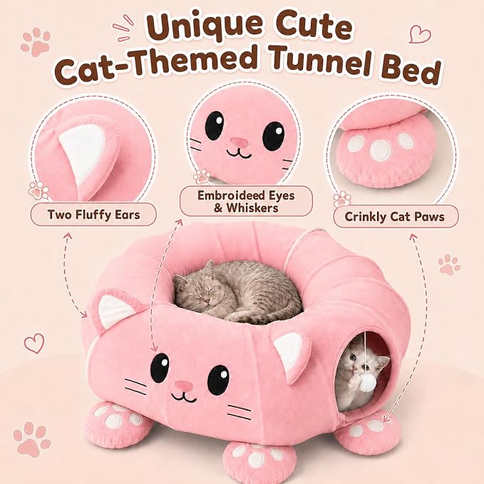 Cat Tunnel Bed with 21 Interactive Toys | Kitten Bed with Collapsible Tunnel for Indoor Cats, Cute Play Tube with Enrichment Toys (Pink, Kitten Pattern) - Image 5