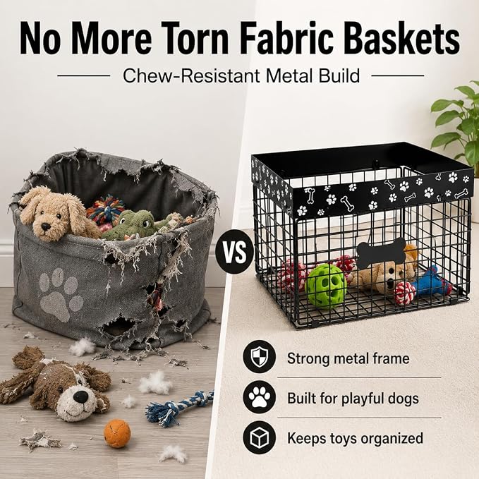 Metal Dog Toy Basket for Living Room, Foldable Dog Toy Storage Bin with Personalized Bone Label, Chew Resistant Pet Toy Organizer Basket, Durable Wire Dog Toy Box for Balls, Ropes, Plush Toys - Image 2