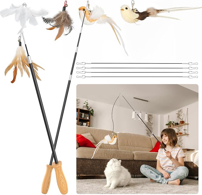 ROSAUI Cat Teaser Wand Toys, Interactive Bird Toy for Indoor Kittens, 53.15’’ Long Cat Fishing Pole Toys, 2X Wires and 5X Natural Refills, Sustainable Wooden Handles, Exercising, Playing by ROSAUI