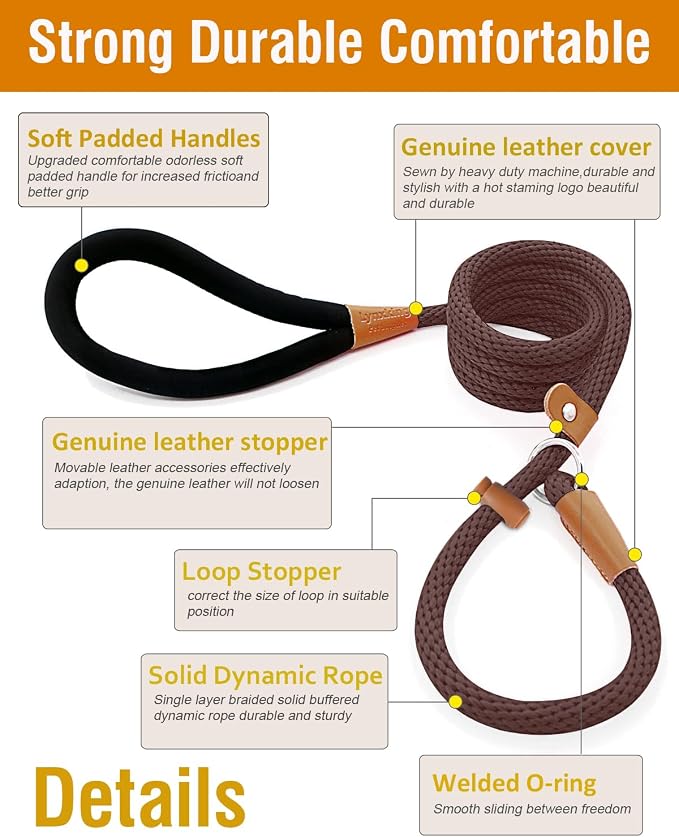 Dog Leash Slip Lead Braided Rope Pet Training Loop Leashes 5ft 6ft 8ft | Lynxking Strong Heavy Duty 1/2" 3/8", Durable Padded Handle No Pull Basic Training Nylon Lead,Small Medium Large Dogs Puppy - Image 2