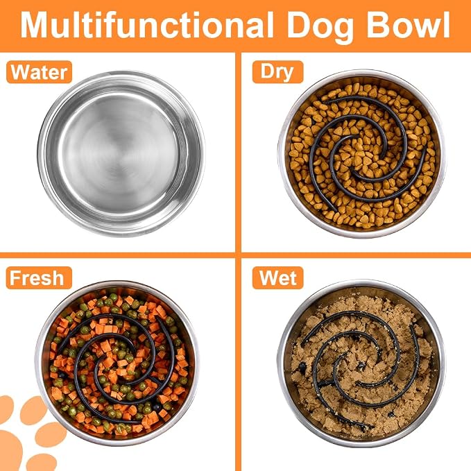 2-in-1 Metal Dog Bowl with Slow Feeder Insert, Stainless Steel Dog Bowls Food Grade 304, Water Food Bowl with Anti-Slip Silicone Base for Small, Medium, Large Dogs - Image 7