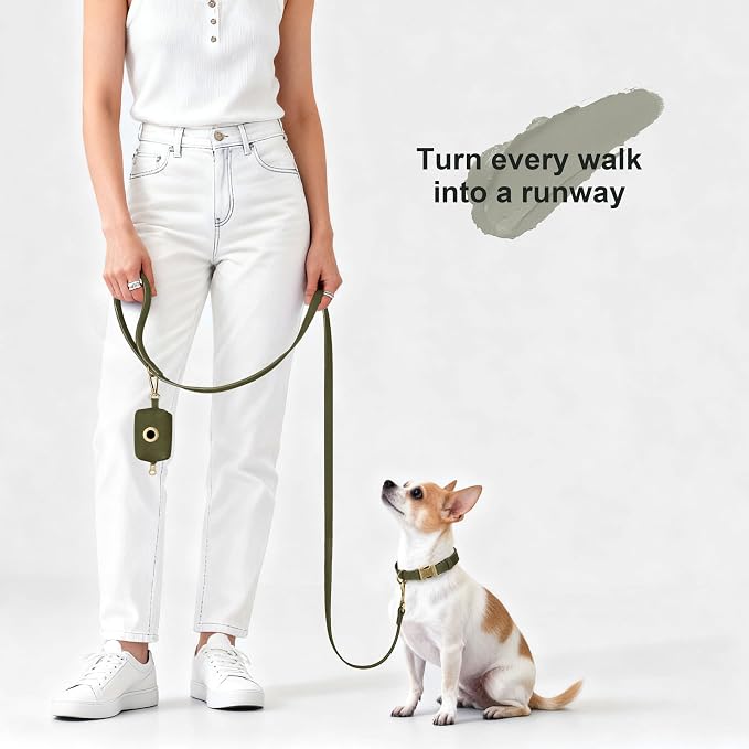 Didog PU Leather Dog Leash for Small Dogs, 5/8in x 4ft, Dark Green | Soft Grip Full Control, Easy Clean, Metal D-ring for Poop Bag Holder, Tangle-Free 360° Swivel Clasp, for Walking & Training - Image 2