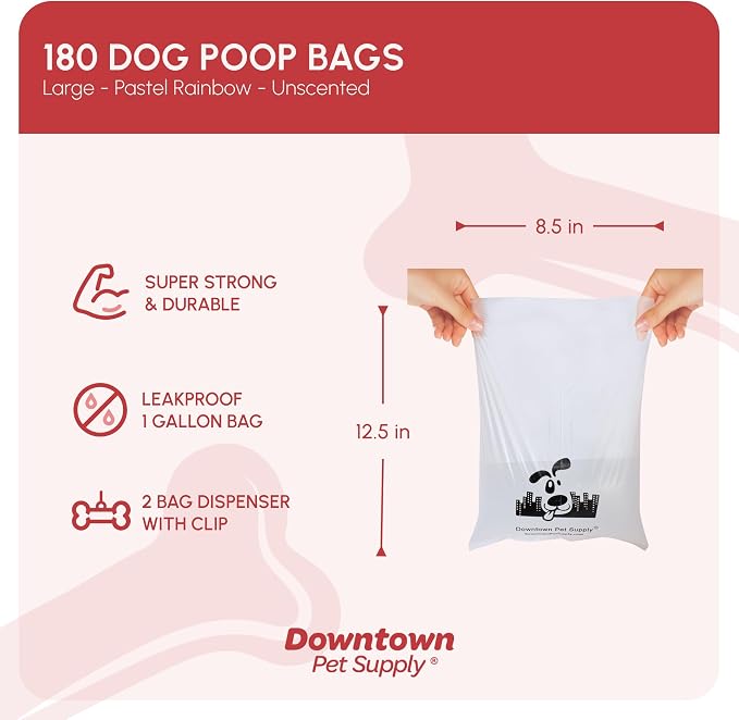 Downtown Pet Supply Unscented Poop Bags for Dogs with Dispenser, 180 Count - Leak-Proof Dog Waste Bags and Bone-Shaped Dog Poop Bags Holder for Leash - Pastel Rainbow, 12.5" x 8.5" - Image 2