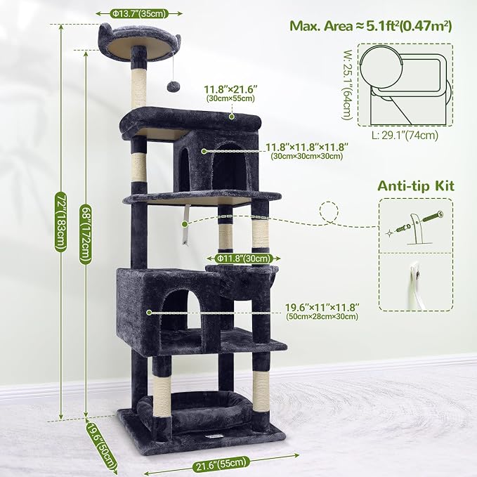 Globlazer Heavy Duty Cat Trees for Large Cats, Sturdy 72in Maine Coon Cat Tree for Large Cats 20 lbs+ Heavy Duty Cat Tower for Adult Biggest Cat with 6 Scratching Posts, Hammock, S72, Dark Gray - Image 6