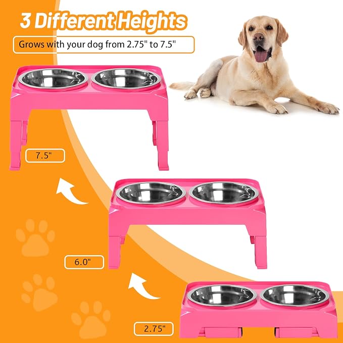 Hubulk Elevated Dog Bowls with 2 Stainless Steel Dog Food & Water Raised Bowls with No Spill Edge Non-Slip Stand Adjusts to 3 Heights(2.75", 6.0", 7.5") for Small Medium Dogs and Pet - Image 2