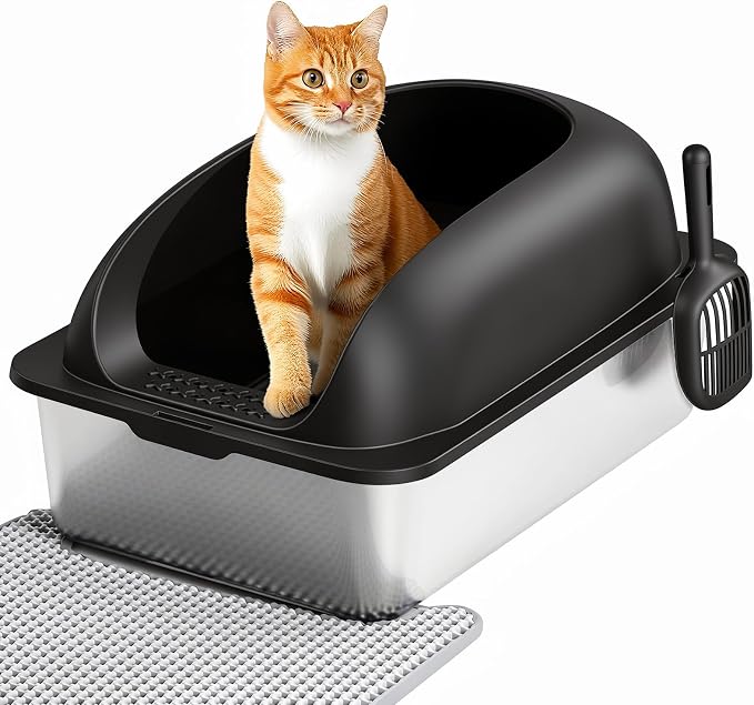 OLIXIS Stainless Steel Large Cat Litter Box with Lid, High Wall Sides | Large Cat Litter Box for Big Cats, Anti-Urine Leakage, Easy Cleaning, Scoop and Mat Included, Black by OLIXIS