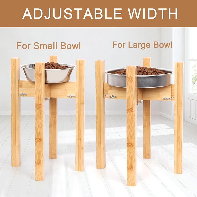 Elevated Dog Bowl Stand Adjustable Dog Food Holder 14”H Large Bamboo | 14” Elevated Dog Bowl Stand, Large Dogs, Adjustable, Fits 8”-11” Bowls, Single Bowl Holder, Natural Bamboo, Classic - Image 2