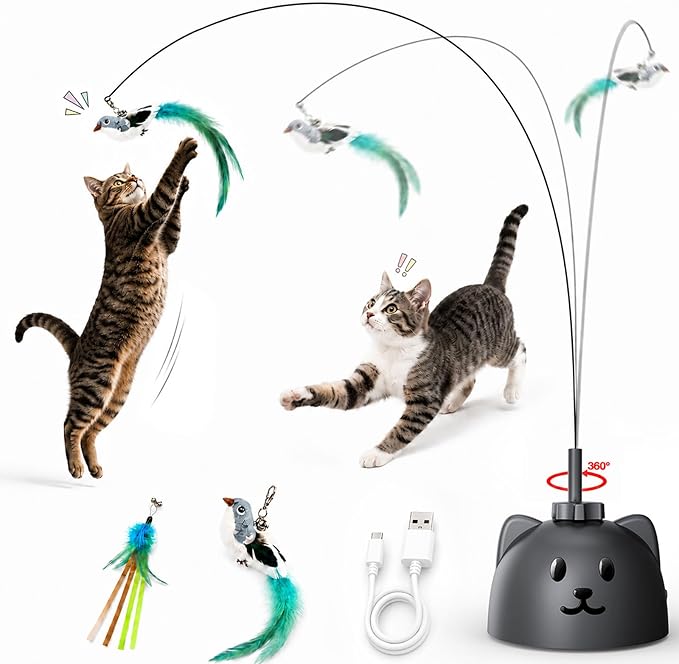Interactive Cat Toys for Indoor Cats, 360° Automatic Spin Flying Bird Wand | 8cm Suction Cup & Weighted Base, Silicone-Protected Rod, USB Rechargeable with Replaceable Feather & Streamer Attachments by Unknown