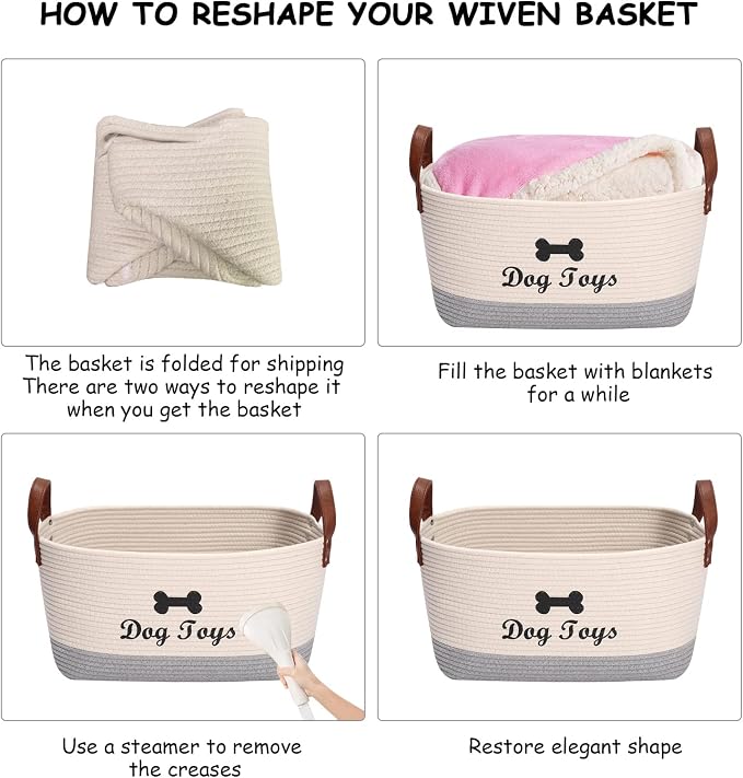 Geyecete X-Large Cotton Rope Dog Basket with Leather handle Blanket Storage Basket Decorative Clothes Hamper Basket | Extra Large Baskets for Blankets or Laundry-Beige/Gray - Image 6