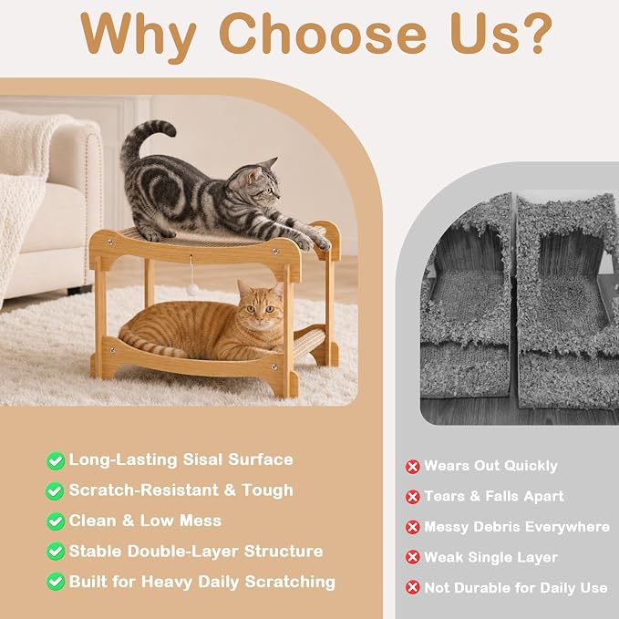 Two-Tier Sisal Cat Scratcher Bed, Solid Cats Scratching Post Hammock Lounge for Indoor Cats, Comfortable Cat Bed Natural Sisal Scratch Pad for Cats Scratcher Lounge, Sturdy Wooden Cat Furniture - Image 4