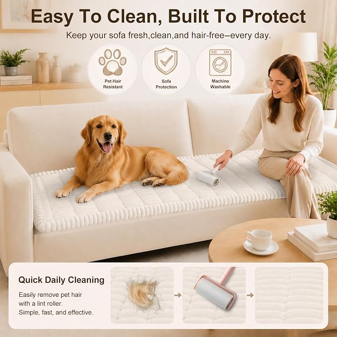 decorUhome Couch Cover for Dogs, Non Slip Fuzzy Thick Pet Sofa Protector | Pet Friendly, Machine Washable, Fits 4-Cushion Sofa, Protects Against Pet Hair, Scratches & Daily Messes, White, 27.6" x 88" - Image 4
