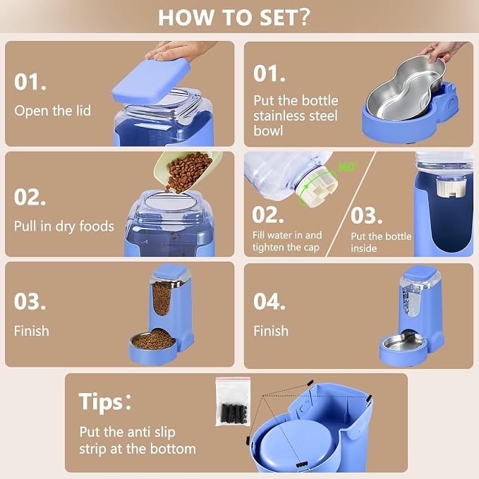 HWONMTE Portable Automatic Cat Feeder and Water Dispenser with Stainless Steel Bowl Dog Gravity Food Feeder and Waterer for Small Medium Pets Puppy Kitten 1 Gallon x 2 (Sapphire Blue) - Image 7