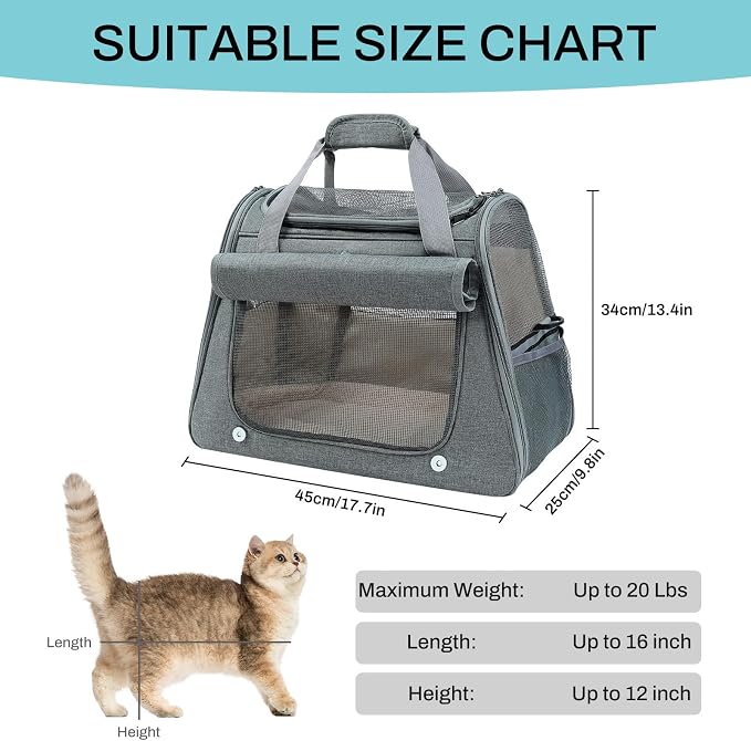 Airline Approved Soft-Sided Pet Carrier for Cats & Small Dogs - Ventilated Travel Bag with Removable Mat, Under 15 lbs, Grey - Image 3