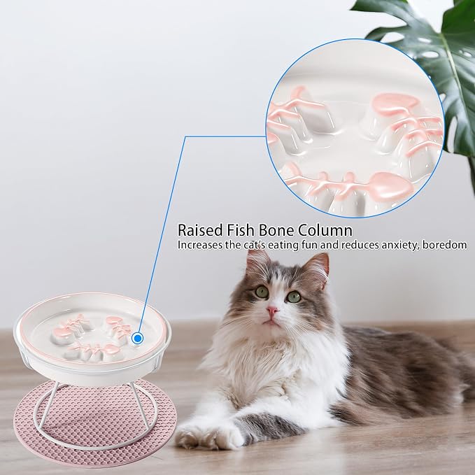 Ceramic Elevated Slow Feeder Cat Bowl, Anti Vomit, Removable Dish Pink | Removable Ceramic Bowl Elevated Slow Feeder Whisker-Friendly Wet & Dry Food Metal Stand - Image 3