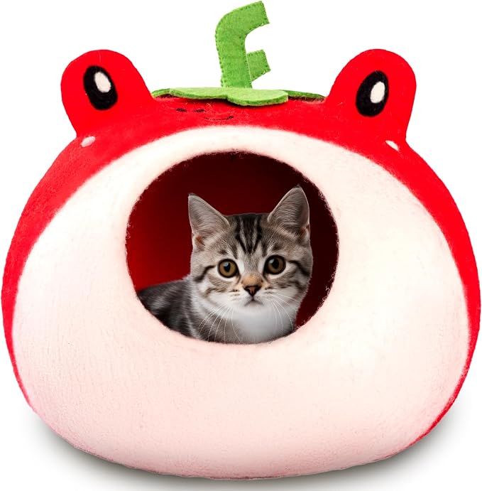 Luxurious Merino Wool Cat Cave - Foldable Hideaway Pod for Indoor Cats - Premium Felt Kitten Pet Enclosure - Covered Cat House for Ultimate Cozy Comfort by Woolygon (Red Frog) by Woolygon
