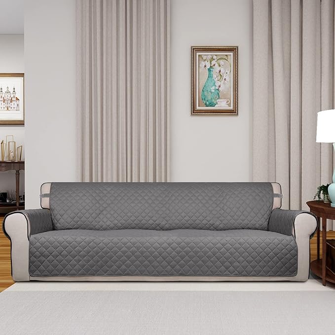 PureFit Reversible Quilted Couch Covers for Dogs Sofa Cover 4 Seater 88" | Gray/Gray, Water Resistant Couch Protector, Washable Pet Couch Cover with Non Slip and Elastic Straps For Kids - Image 2