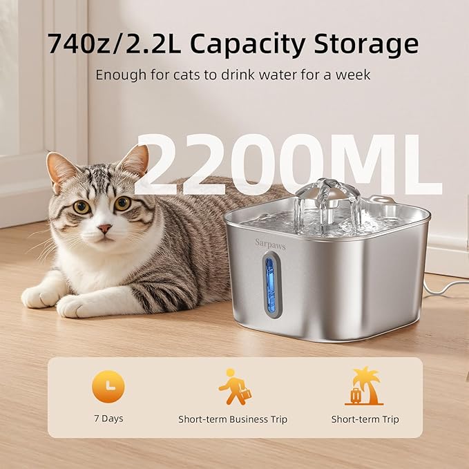 Cat Water Fountain Stainless Steel：74oz/2.2L SARPAWS Water Fountains for Cats Indoor, Cat Fountains for Drinking, Ultra-Quiet, Water Level Window, Pet Water Fountain - 6 Filters + 3 Sponges - Image 4