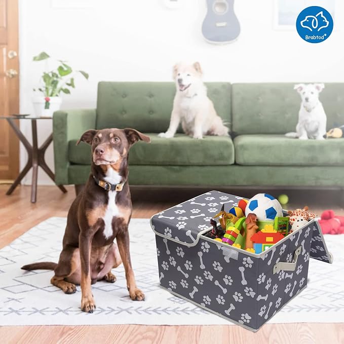 Large Dog Toys Storage Box Canvas Storage Basket Bin Organizer with Lid - Collapsible Linen Bin Ideal for Organizing Dog Cat Toys and pet Stuff-PP Boad-17" x 12" x 10" - Bone Claw - Image 6