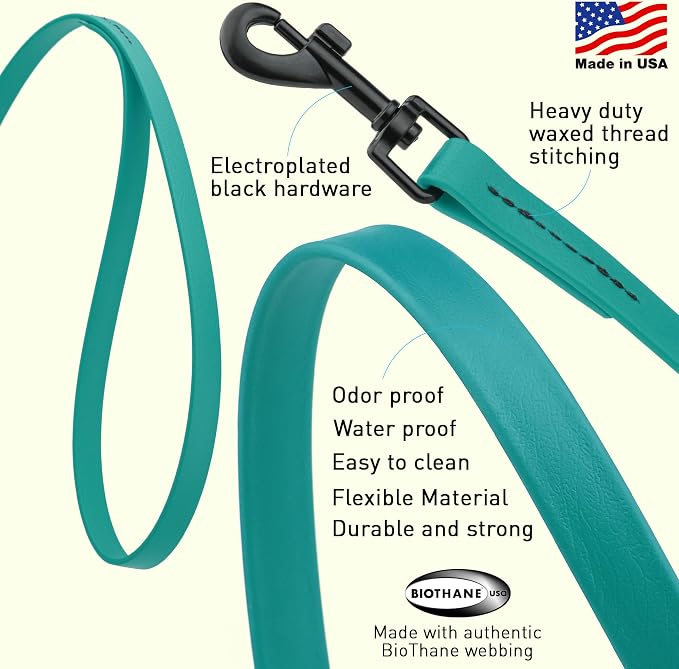 Dogline Biothane Waterproof Dog Leash Strong Coated Nylon Webbing with Black Hardware Odor-Proof Easy to Clean High Performance for Small or Large Dogs Made in USA 4 or 6 ft Lead, Blue Aqua - Image 2
