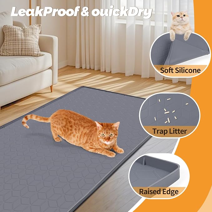 Cat Litter Mat for Litter Box 34"x22" Large Silicone Mat, Dark Grey | Waterproof Non-Slip Litter Box Mat with Raised Edges, Cat Litter Trapping Mat for Pet, Cat Litter Rug for Floor - Image 3