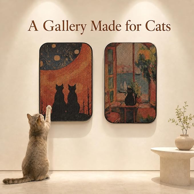 2 Pack Cat Wall Scratcher, Art Cat Scratching Board for Cats | Wall Mounted Cat Scratch Pad, Water-Based Ink, Hook&Loop Strips, Floor or Wall Use, 16.7x11x1 Inch, Window & Starry Night - Image 6