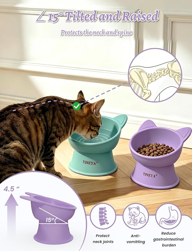 YINEYA Elevated Cat Bowls 2 Pcs, Cat Food Bowl to Protect Neck & Anti-Vomit, Whisker-Friendly Raised Food and Water Bowls Set for Indoor Cats/Small Dogs, Cute Pet Feeding Bowl 6 OZ Each, Purple&Cyan - Image 2