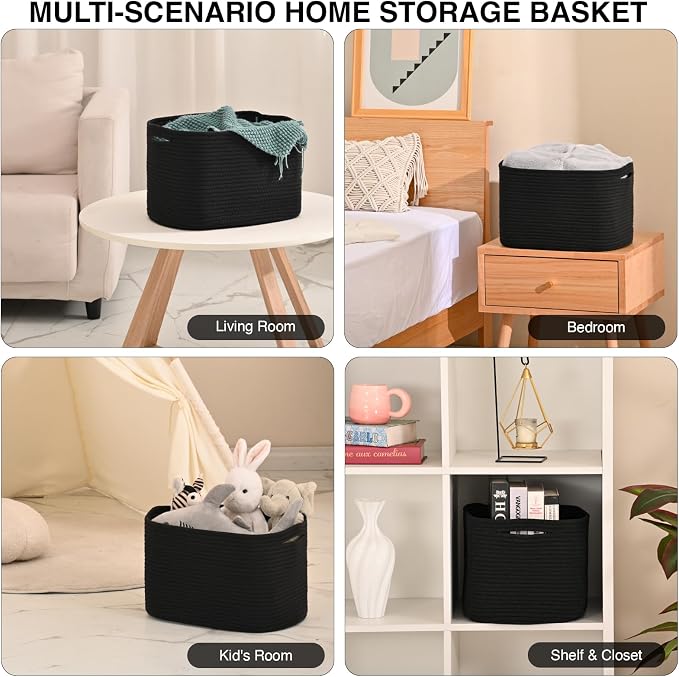 ICERZCZ Woven Cotton Rope Storage Basket for Organizing, Cute Decorative Baskets for Gifts Empty, Organizer Bins for Dog Toy, Baby Laundry, 17“×13”×9.5“, Black - Image 4