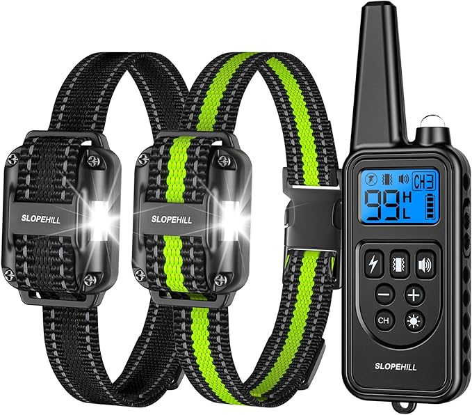 SLOPEHILL Dog Training Collar,4200FT Shock Collar for 2 Dogs (8-140lbs) | IP68 Waterproof e Collar with Beep,Vibration,Shock,Light,No Shock Modes,Shock Collar with Remote,Removable Prongs,Black Green by SLOPEHILLDogTrainingCollar