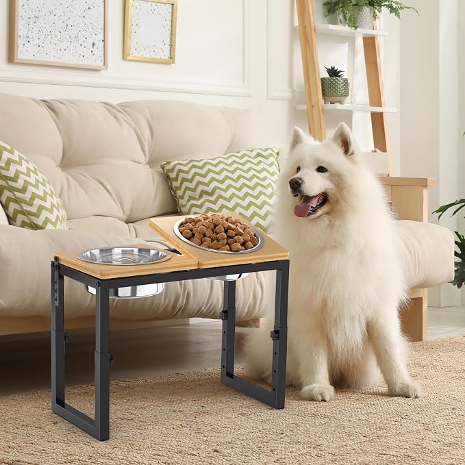 Dog Bowls Elevated, 4 Height (9.6" to15) & Angle (0-20°) Adjustable Raised Dog Bowl Stand, Elevated Dogs Bowl for Medium to Large Sized, Bamboo Feeding Station with 2X 10cups Stainless Steel Dishes - Image 7