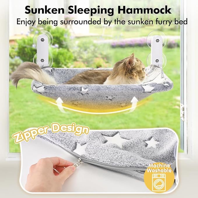Zoratoo Glow in the Dark Cat Window Perch, Foldable Cordless Pet Hammock, M | Glowing Stars Fabric, Sturdy Metal Frame, Removable for Machine Wash, Comfortable Sunken Design Resting Seat for Indoor Cats - Image 2