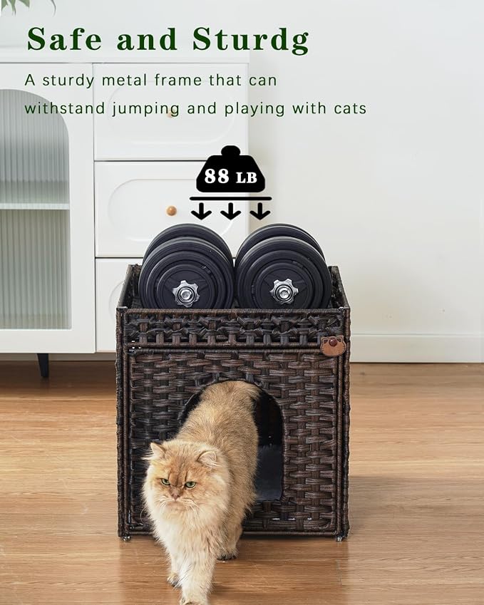 SETVSON Cat Beds for Indoor Cats Extra Large Double PE Rattan, Brown | Spacious Indoor Cat House Condo for Multi-Cats, Dual Layer Hideaway Cave, Reversible Cushion, Collapsible Metal Frame - Image 3