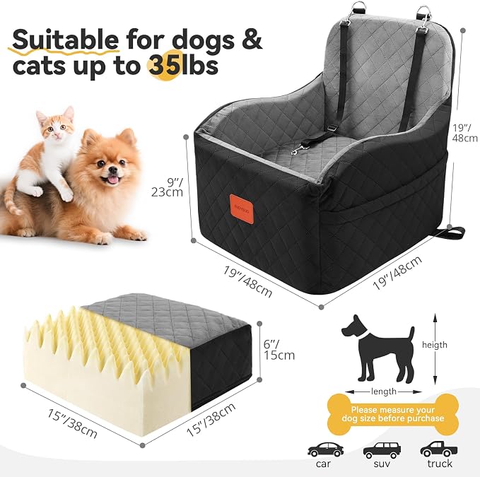 Dog Car Seat for Small & Medium Dogs, Detachable & Washable Booster Seat for Pets Up to 35lbs, Pet Travel Bed with Storage Pockets and Safety Belt (Black/Grey, Medium) - Image 2