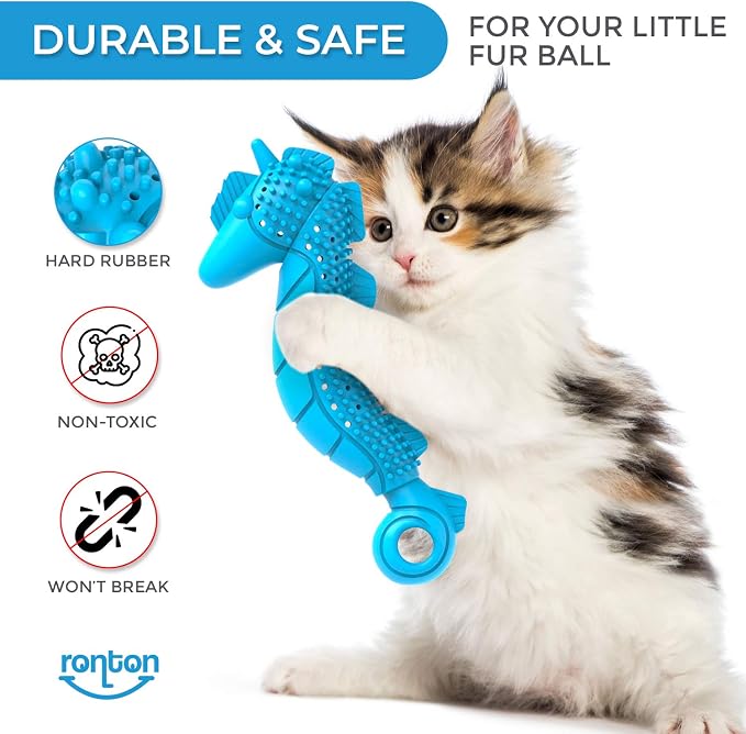 Ronton Cat Toothbrush Catnip Toy - Durable Hard Rubber - Cat Dental Care, Cat Interactive Toothbrush Chew Toy (1 Pack_Seahorse) - Image 2