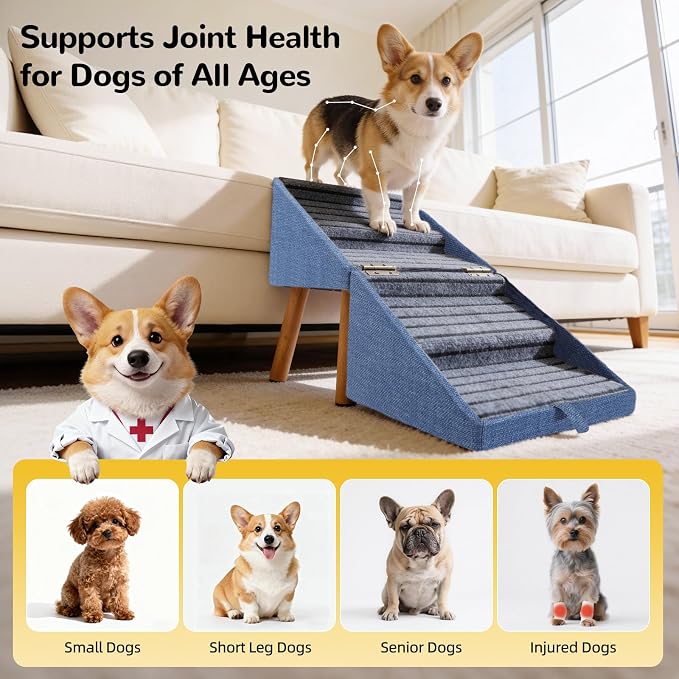Dog Stairs for Small Dogs, 2-in-1 Pet Steps & Ottoman | Foldable Dog stairs for Couch, Non-Slip Wooden Pet ramp for Puppy Senior Injured Dogs (Blue, XL(17.13H)) - Image 2