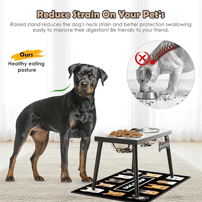 ADENGL Metal Raised Dog Bowl Stand for Large and Medium Dogs, Elevated Dog Bowls with Sprill Proof Mat ＆ Slow Feeder, Pet Food Bowls 10" Tall Dogs Feeder (58OZ-Stainless Steel Pet Bowl, Mat-16x24in) - Image 2