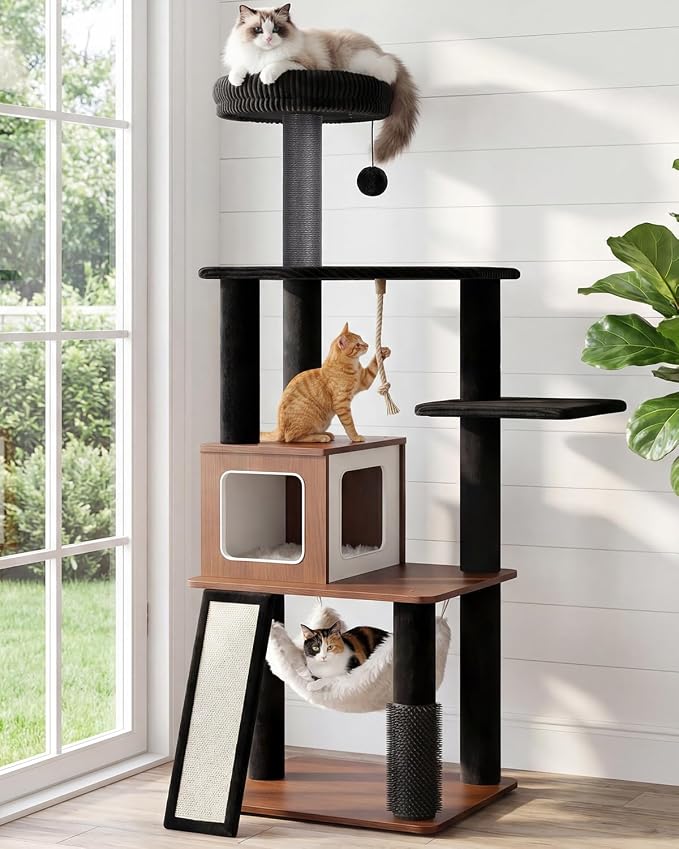 61" Wood Cat Tree Tower, Modern Cat Furniture for Indoor Cats | Engineered Wood & Plush | 61"Modern Cat Tower | 20 lbs Per Platform | Anti-Tip Base | Sisal Posts | Washable Cushions by Purrlato