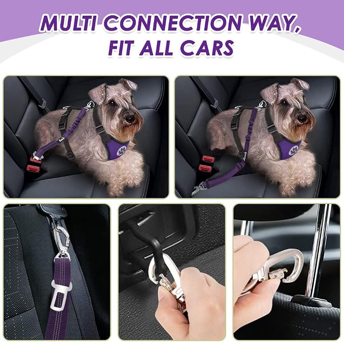 Lukovee Dog Car Harness Seat Belt, Harness & Seatbelt with 2 in 1 Buckle | Adjustable Soft Breathable Mesh Harness, Reflective Elastic Reflective Tether, for Small Medium Large Dogs Pets (Purple,3XS) - Image 2