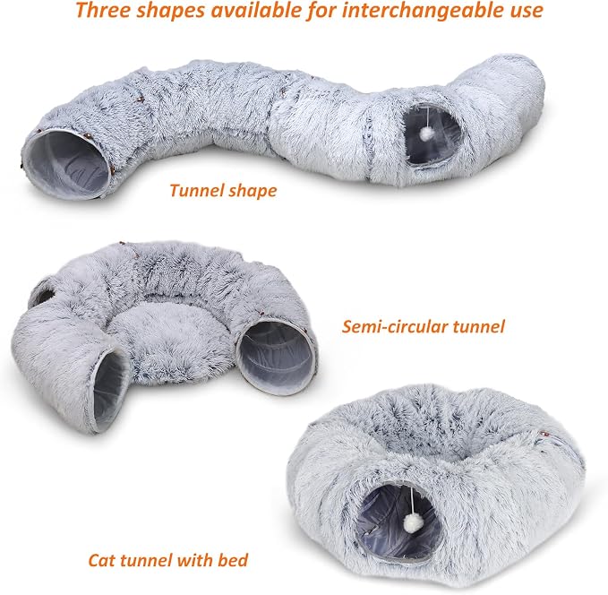 Cat Tunnel, Cat Tunnel with Sleeping Area, Plush Donut Cat Bed with Pom-Poms, Indoor Interactive Cat Toy, Gray (33.46×10.23in) - Image 2