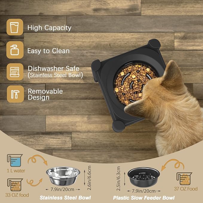 Lewondr Elevated Slow Feeder Dog Bowls with 3 Heights Adjustable Stand | Stainless Steel & Slow Feeder Bowls, Adjustable Dog Slow Feeder Bowl Non-Slip Dog Bowl Stand for Medium Large Breed - Image 6