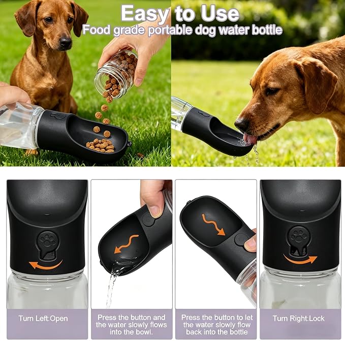 Portable Dog Water Bottle with Food Container, Drinking Bottle for Travel | 2 in 1 Dog Water Bowl, Leak Proof Pet Water Dispenser, BPA Free, Puppy Essentials, for Walking Hiking (Black,19oz) - Image 5
