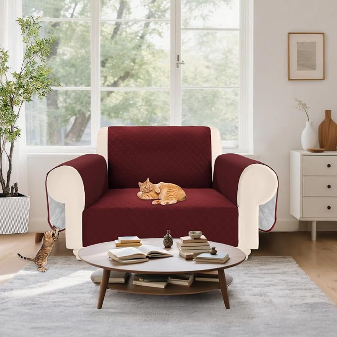 Velvet 100% Waterproof Chair Covers for Living Room Sofa Armchair Cover Washable Couch Arm Chair Slipcovers for Dogs Non Slip Quilted Furniture Protector with Pockets (Small, Wine Red) - Image 7