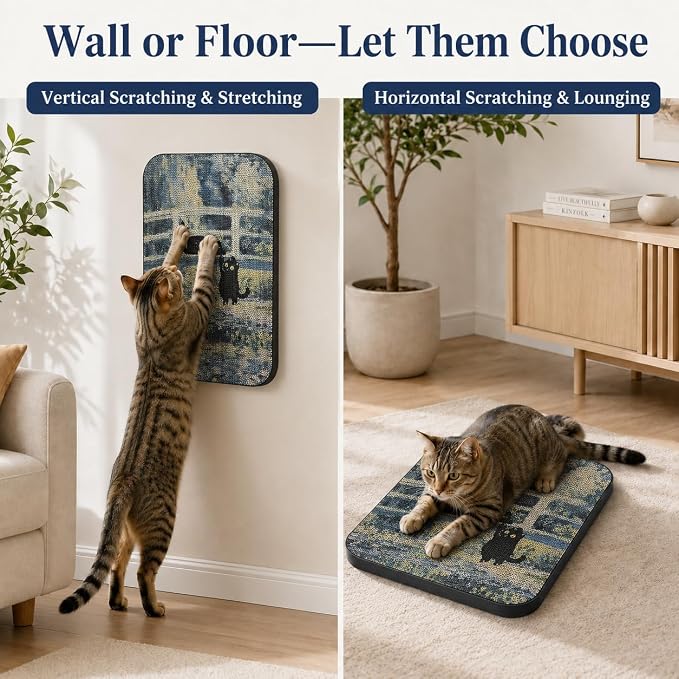 Cat Wall Scratcher, Art Cat Scratching Board for Indoor Cats | Wall Mounted Cat Scratch Pad, Water-Based Ink, Hook&Loop Strips, Floor or Wall Use, 16.7x11x1 Inch, Lily Pond Bridge - Image 5