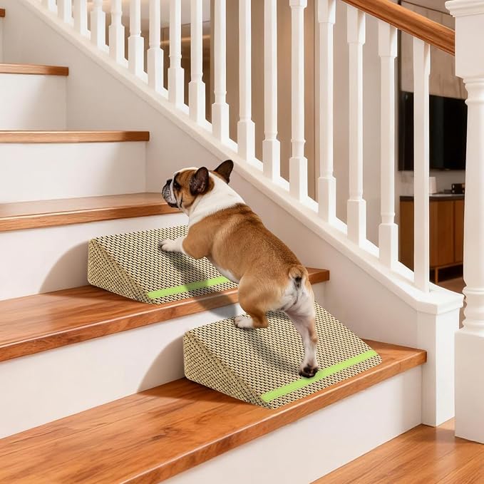JoyBlooms Upgraded Dog Ramp for Stairs, Dog Stairs for Small Dogs (Corgi & Dachshund), 40D Foam Non-Slip, 30° Slope with Glow Strip, 13.8"x10.2"x5.9", Brown-2pcs by Home