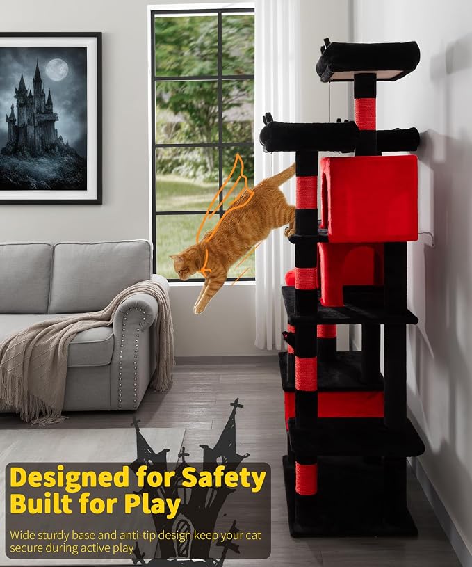 Gothic Cat Tree, 71 Inch Heavy Duty Cat Trees for Large Cats | Tall Cat Tree Tower with Extended Base, 2 Condos, 3 Perches, 9 Sisal Posts & Hammock for Indoor Adult Cats, Black Red - Image 7